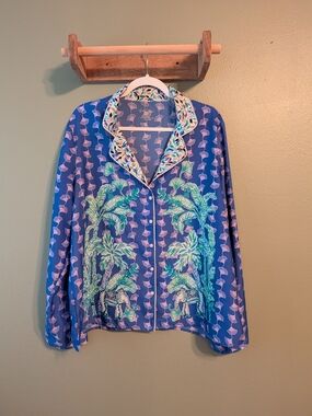 Lilly Pulitzer PJ WOVEN TOP Blue Grotto Tropical Fan Favorite Size XL